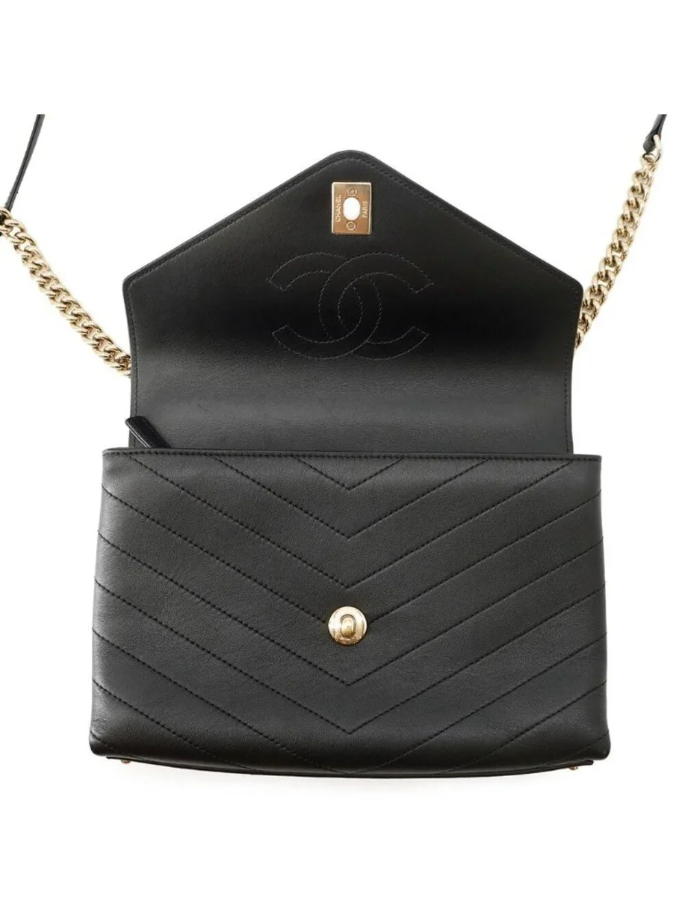 Chanel Chain Shoulder Bag Blanc CC Logo Leather Stitch Black 2-Way